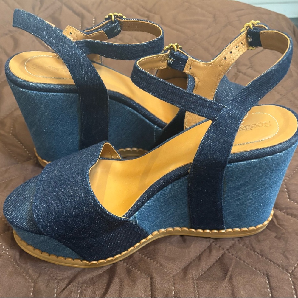See By Chloe Women's Carrie Scalloped Blue Denim Platform Wedge size 39
